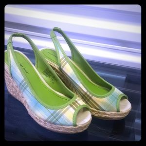 Green Plaid Peep Toe Wedge